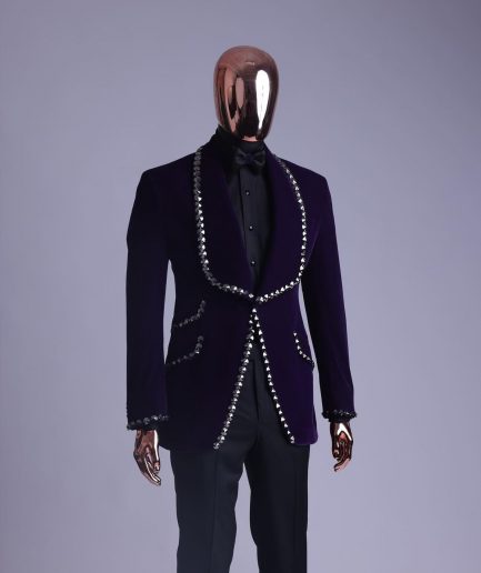 An egg plant purple velvet shawl lapel tuxedo suit, laced with jet hematite Swarovski stones