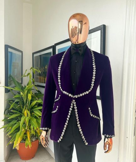 An egg plant purple velvet shawl lapel tuxedo suit, laced with jet hematite Swarovski stones