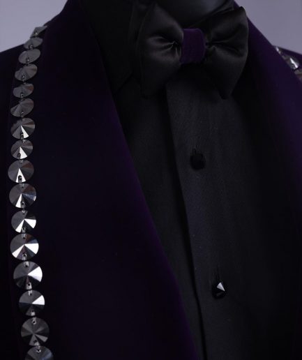 An egg plant purple velvet shawl lapel tuxedo suit, laced with jet hematite Swarovski stones