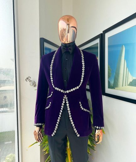 An egg plant purple velvet shawl lapel tuxedo suit, laced with jet hematite Swarovski stones