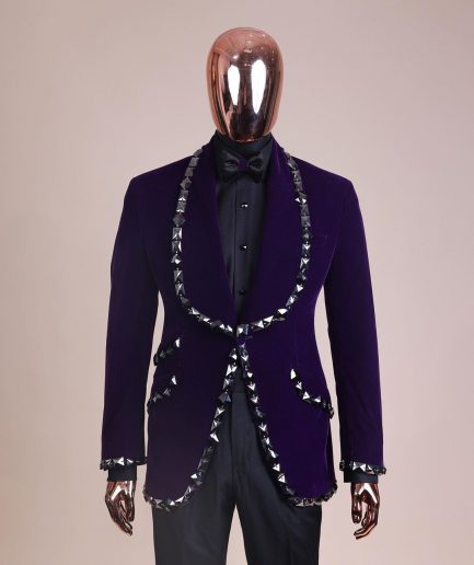 An Eggplant Purple Velvet Shawl Lapel Tuxedo Suit, laced with rectangle and octagonal jet hematite Swarovski stones