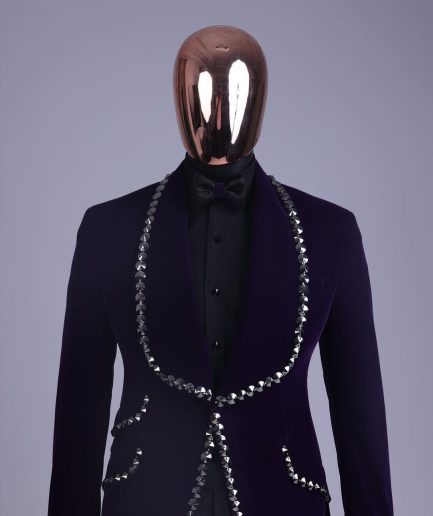 An egg plant purple velvet shawl lapel tuxedo suit, laced with jet hematite Swarovski stones