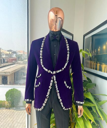 An Eggplant Purple Velvet Shawl Lapel Tuxedo Suit, laced with rectangle and octagonal jet hematite Swarovski stones