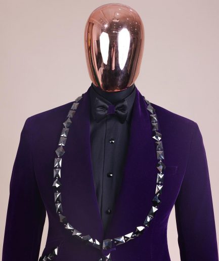 An Eggplant Purple Velvet Shawl Lapel Tuxedo Suit, laced with rectangle and octagonal jet hematite Swarovski stones
