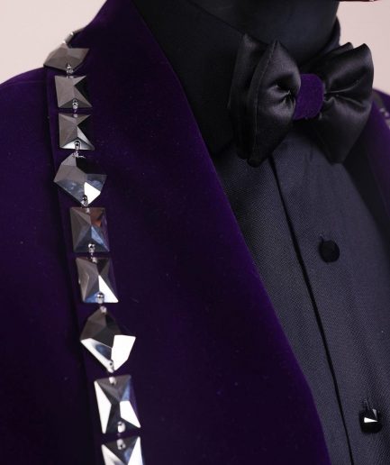 An Eggplant Purple Velvet Shawl Lapel Tuxedo Suit, laced with rectangle and octagonal jet hematite Swarovski stones
