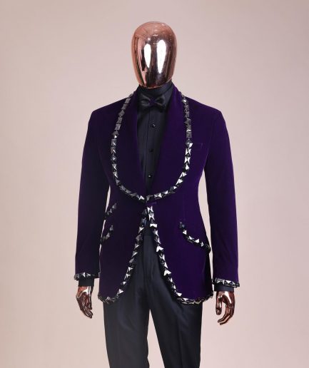 An Eggplant Purple Velvet Shawl Lapel Tuxedo Suit, laced with rectangle and octagonal jet hematite Swarovski stones