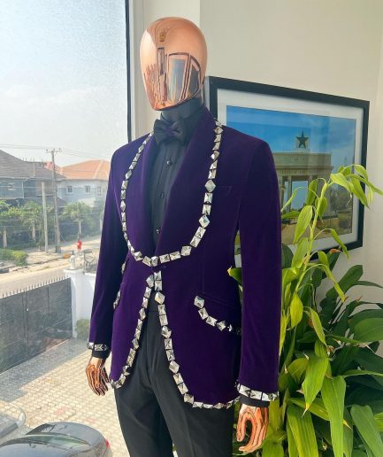 An Eggplant Purple Velvet Shawl Lapel Tuxedo Suit, laced with rectangle and octagonal jet hematite Swarovski stones