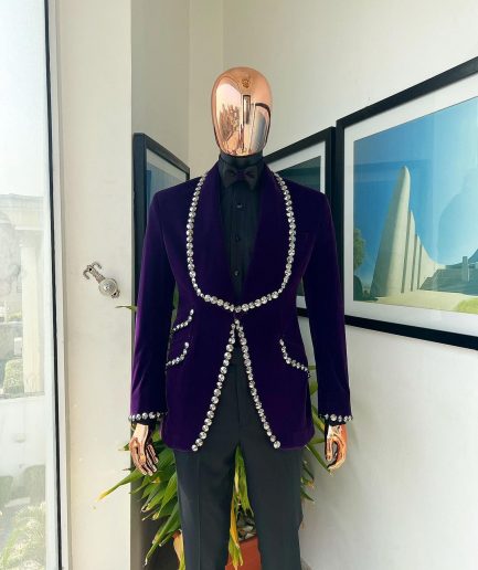 An egg plant purple velvet shawl lapel tuxedo suit, laced with jet hematite Swarovski stones