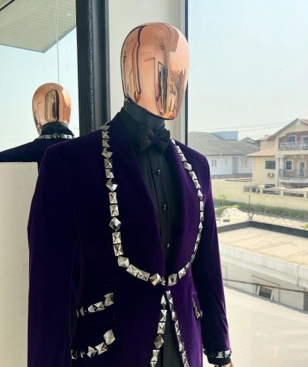 An Eggplant Purple Velvet Shawl Lapel Tuxedo Suit, laced with rectangle and octagonal jet hematite Swarovski stones