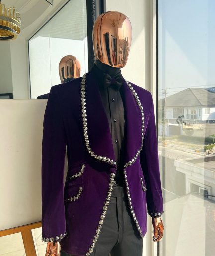 An egg plant purple velvet shawl lapel tuxedo suit, laced with jet hematite Swarovski stones