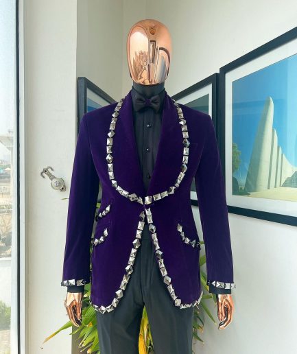 An Eggplant Purple Velvet Shawl Lapel Tuxedo Suit, laced with rectangle and octagonal jet hematite Swarovski stones