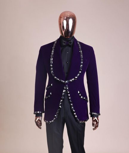 An Eggplant Purple Velvet Shawl Lapel Tuxedo Suit, laced with rectangle and octagonal jet hematite Swarovski stones