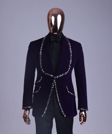 An egg plant purple velvet shawl lapel tuxedo suit, laced with jet hematite Swarovski stones