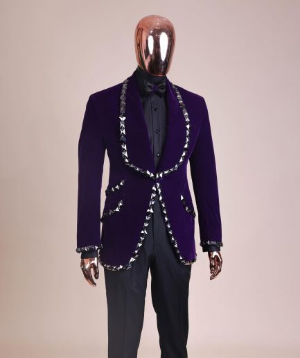 An Eggplant Purple Velvet Shawl Lapel Tuxedo Suit, laced with rectangle and octagonal jet hematite Swarovski stones
