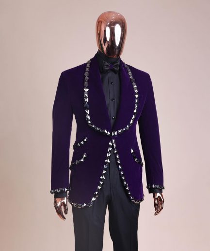 An Eggplant Purple Velvet Shawl Lapel Tuxedo Suit, laced with rectangle and octagonal jet hematite Swarovski stones