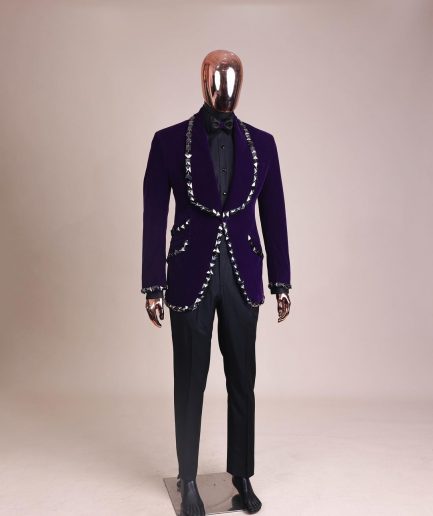 An Eggplant Purple Velvet Shawl Lapel Tuxedo Suit, laced with rectangle and octagonal jet hematite Swarovski stones