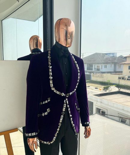 An Eggplant Purple Velvet Shawl Lapel Tuxedo Suit, laced with rectangle and octagonal jet hematite Swarovski stones