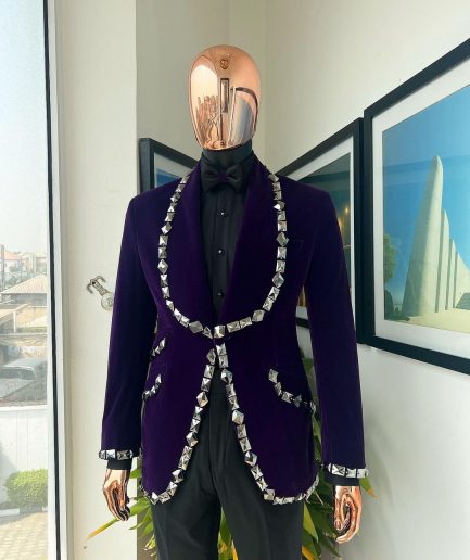 An Eggplant Purple Velvet Shawl Lapel Tuxedo Suit, laced with rectangle and octagonal jet hematite Swarovski stones