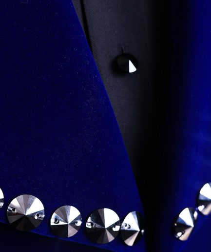 An Admiral Blue velvet shawl lapel tuxedo suit, laced with jet hematite Swarovski stones