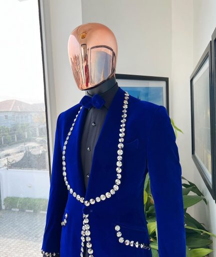 An Admiral Blue velvet shawl lapel tuxedo suit, laced with jet hematite Swarovski stones