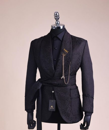 A Charcoal Black, Floral Patterned Shawl Lapel, Knitted, Single Button Smoking Tuxedo Suit