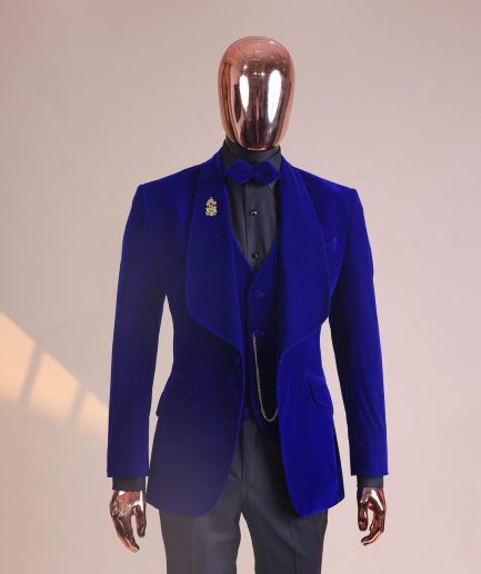 An Azure Blue, Soaked Velvet Fabric, Knitted, Shawl Lapel Tuxedo Suit