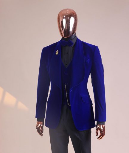 An Azure Blue, Soaked Velvet Fabric, Knitted, Shawl Lapel Tuxedo Suit