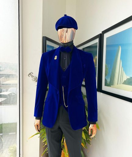 An Azure Blue, Soaked Velvet Fabric, Knitted, Shawl Lapel Tuxedo Suit