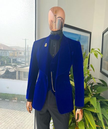 An Azure Blue, Soaked Velvet Fabric, Knitted, Shawl Lapel Tuxedo Suit