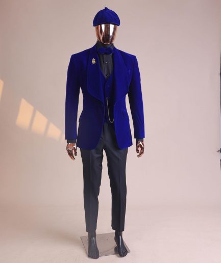 An Azure Blue, Soaked Velvet Fabric, Knitted, Shawl Lapel Tuxedo Suit