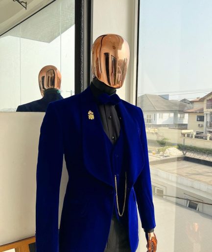 An Azure Blue, Soaked Velvet Fabric, Knitted, Shawl Lapel Tuxedo Suit