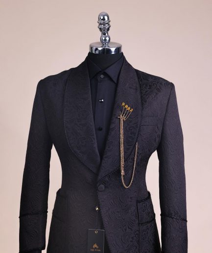 A Charcoal Black, Floral Patterned Shawl Lapel, Single Button Smoking Tuxedo Suit