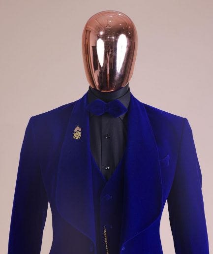 An Azure Blue, Soaked Velvet Fabric, Knitted, Shawl Lapel Tuxedo Suit