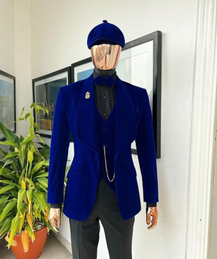 An Azure Blue, Soaked Velvet Fabric, Knitted, Shawl Lapel Tuxedo Suit