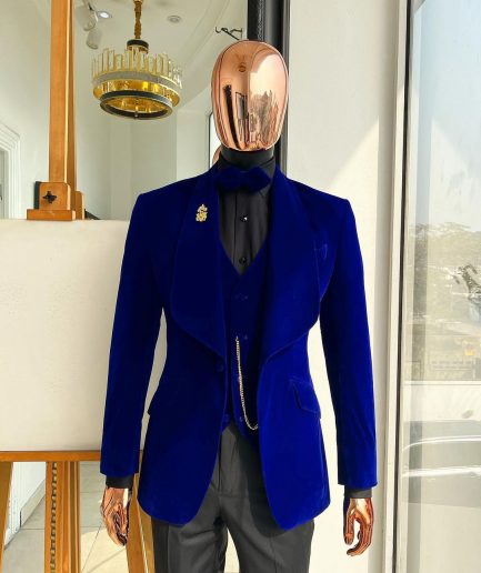 An Azure Blue, Soaked Velvet Fabric, Knitted, Shawl Lapel Tuxedo Suit