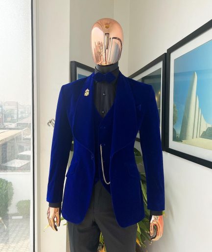 An Azure Blue, Soaked Velvet Fabric, Knitted, Shawl Lapel Tuxedo Suit