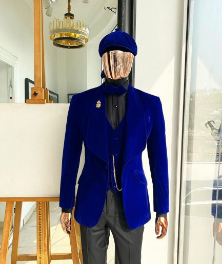 An Azure Blue, Soaked Velvet Fabric, Knitted, Shawl Lapel Tuxedo Suit