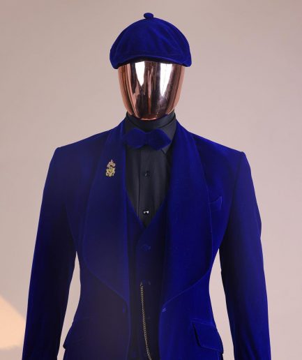 An Azure Blue, Soaked Velvet Fabric, Knitted, Shawl Lapel Tuxedo Suit