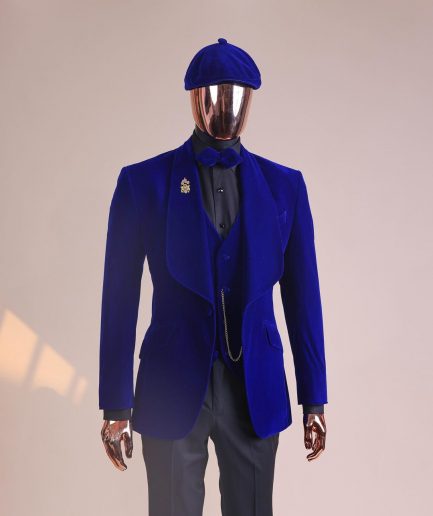 An Azure Blue, Soaked Velvet Fabric, Knitted, Shawl Lapel Tuxedo Suit