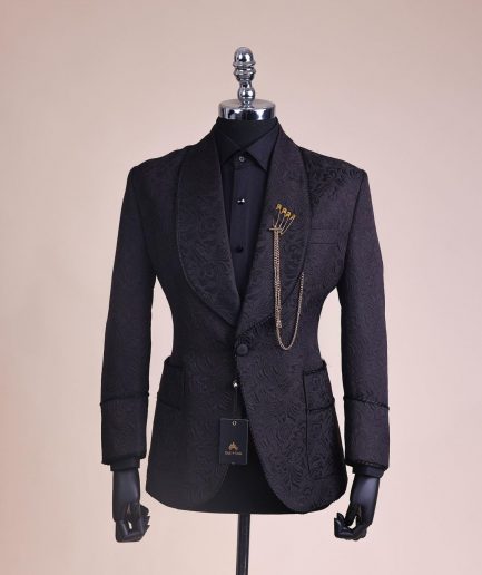 A Charcoal Black, Floral Patterned Shawl Lapel, Single Button Smoking Tuxedo Suit