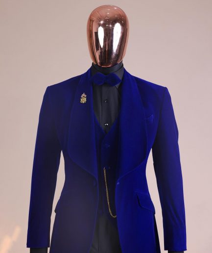 An Azure Blue, Soaked Velvet Fabric, Knitted, Shawl Lapel Tuxedo Suit