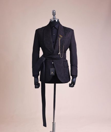 A Charcoal Black, Floral Patterned Shawl Lapel, Knitted, Single Button Smoking Tuxedo Suit