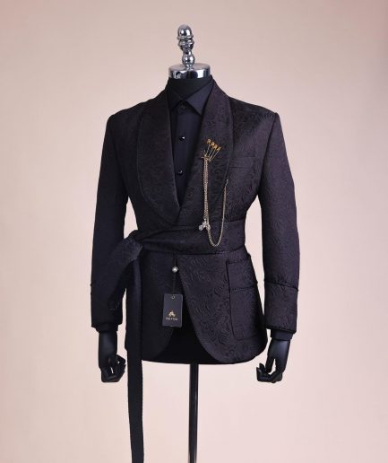 A Charcoal Black, Floral Patterned Shawl Lapel, Knitted, Single Button Smoking Tuxedo Suit