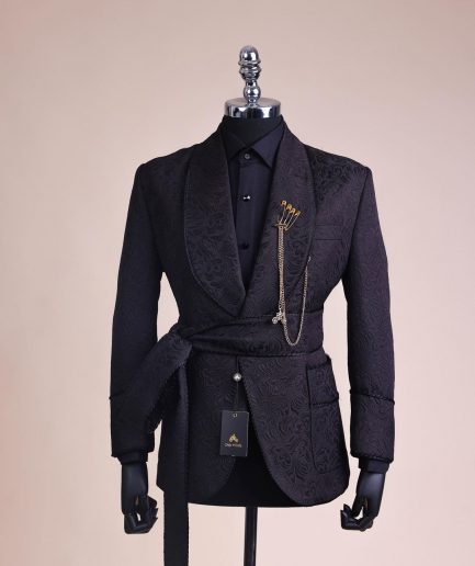 A Charcoal Black, Floral Patterned Shawl Lapel, Knitted, Single Button Smoking Tuxedo Suit