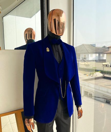 An Azure Blue, Soaked Velvet Fabric, Knitted, Shawl Lapel Tuxedo Suit