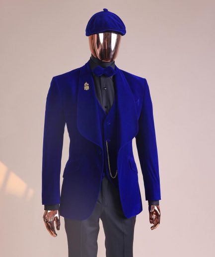 An Azure Blue, Soaked Velvet Fabric, Knitted, Shawl Lapel Tuxedo Suit