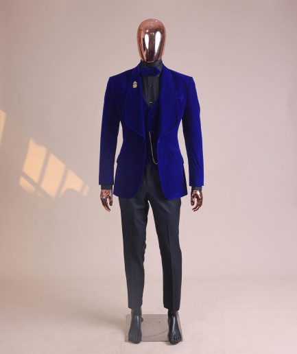 An Azure Blue, Soaked Velvet Fabric, Knitted, Shawl Lapel Tuxedo Suit