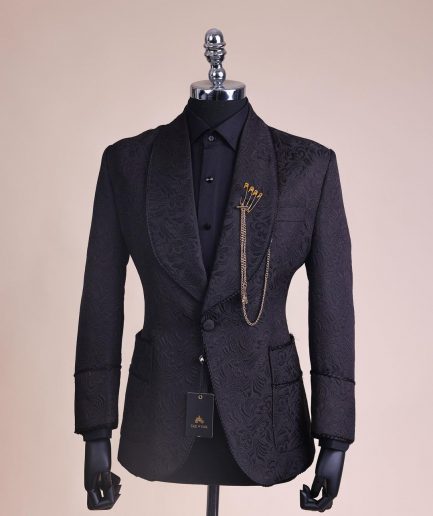 A Charcoal Black, Floral Patterned Shawl Lapel, Single Button Smoking Tuxedo Suit