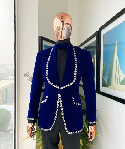 An Admiral Blue velvet shawl lapel tuxedo suit, laced with jet hematite Swarovski stones