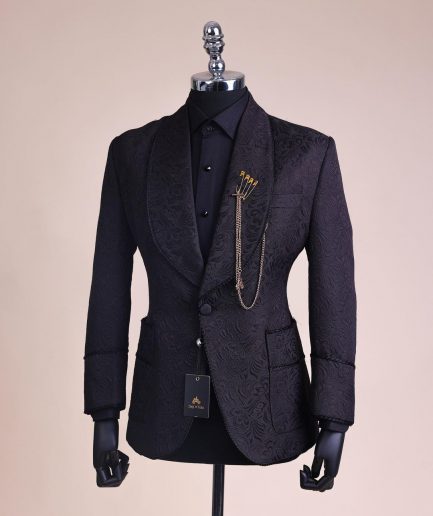 A Charcoal Black, Floral Patterned Shawl Lapel, Single Button Smoking Tuxedo Suit